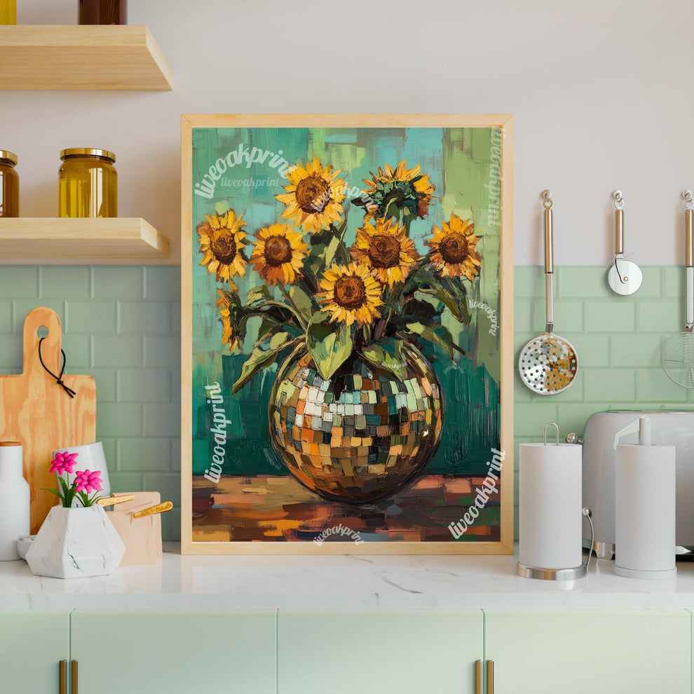 Green Impressionist Sunflowers in a Disco Vase