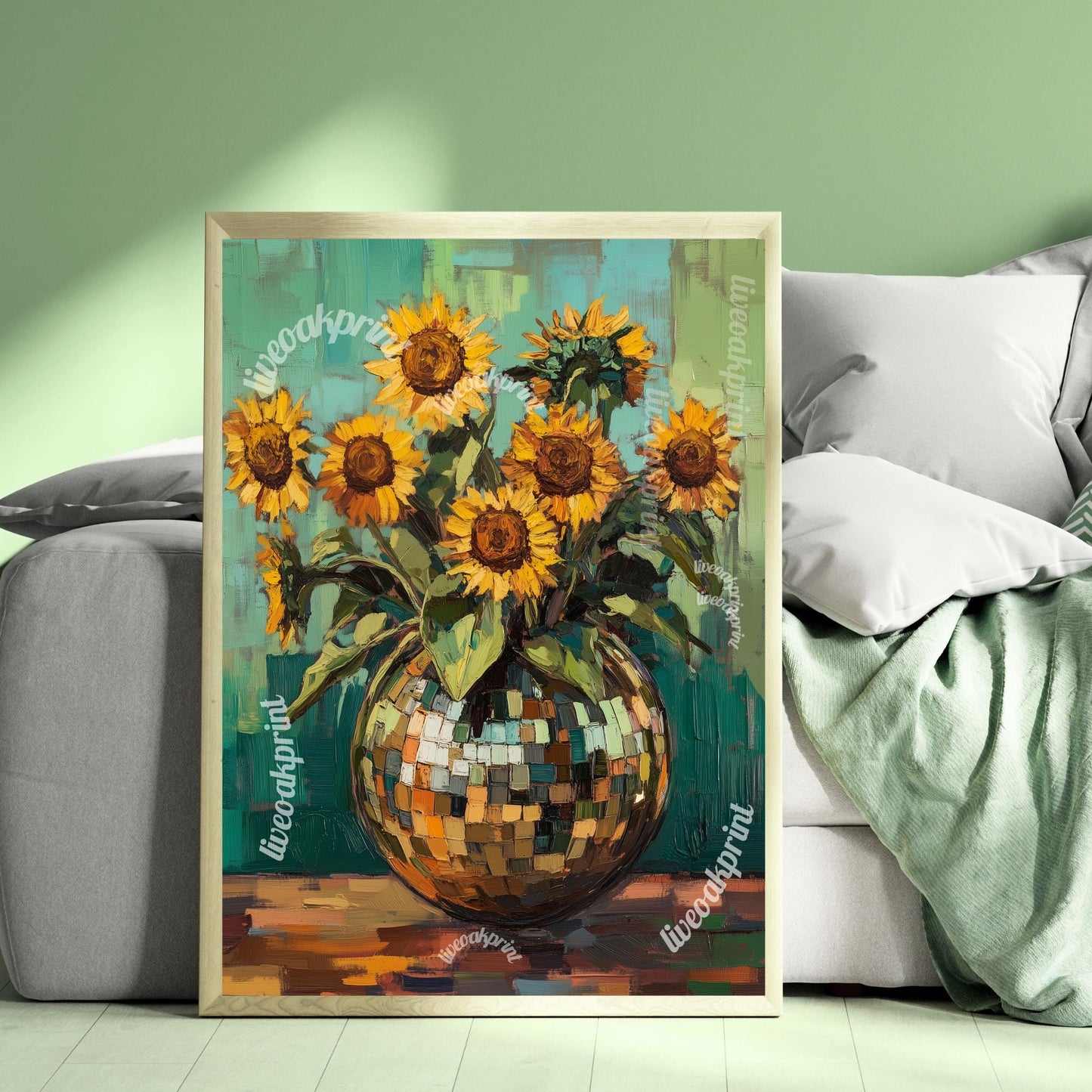 Green Impressionist Sunflowers in a Disco Vase - Disco Ball Wall Art - Disco Ball Decor - Trendy Wall Art - Funky Wall Decor - Boho Decor