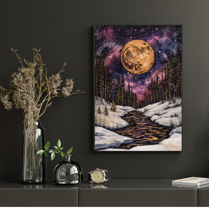 Dark Academic Gold and Violet Moon - Winter Moon Print - Gothic Moon - Whimsical Moon Print - Dark Academia Whimsigoth Print