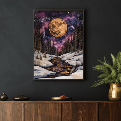 Dark Academic Gold and Violet Moon -  Winter Moon Print - Gothic Moon - Whimsical Moon Print - Dark Academia Whimsigoth Print