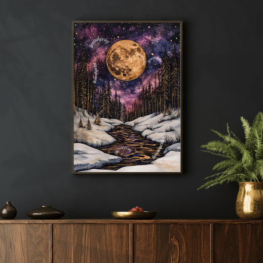 Dark Academic Gold and Violet Moon - Winter Moon Print - Gothic Moon - Whimsical Moon Print - Dark Academia Whimsigoth Print