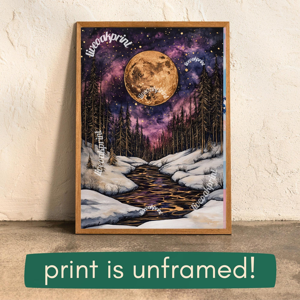 Dark Academic Gold and Violet Moon - Winter Moon Print - Gothic Moon - Whimsical Moon Print - Dark Academia Whimsigoth Print