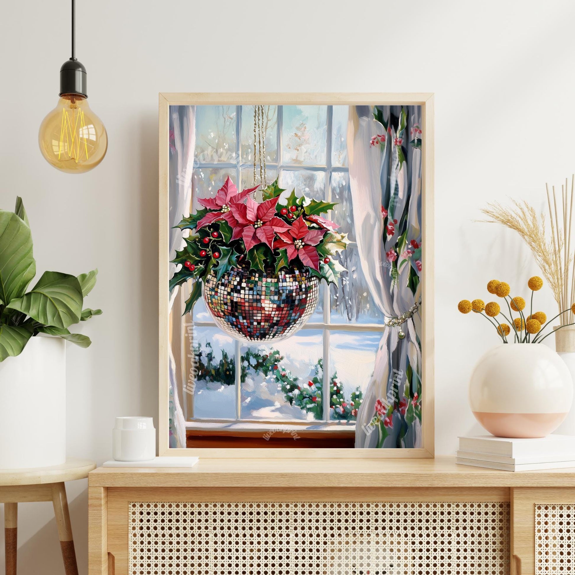 Christmas Disco Ball and Poinsettias - Winter Wall Art - Winter Scene Wall Art - Snow Print - Disco Christmas - Vintage Snow Painting