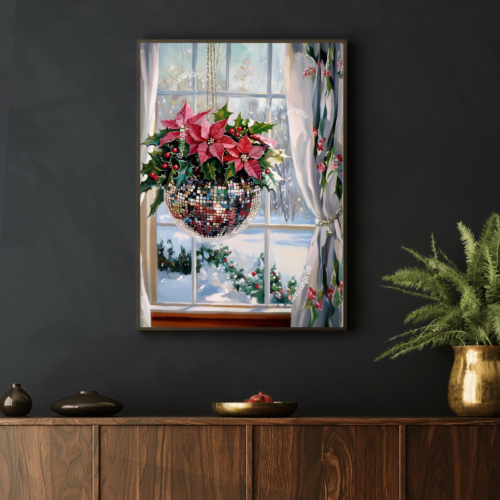 Christmas Disco Ball and Poinsettias - Winter Wall Art - Winter Scene Wall Art - Snow Print - Disco Christmas - Vintage Snow Painting