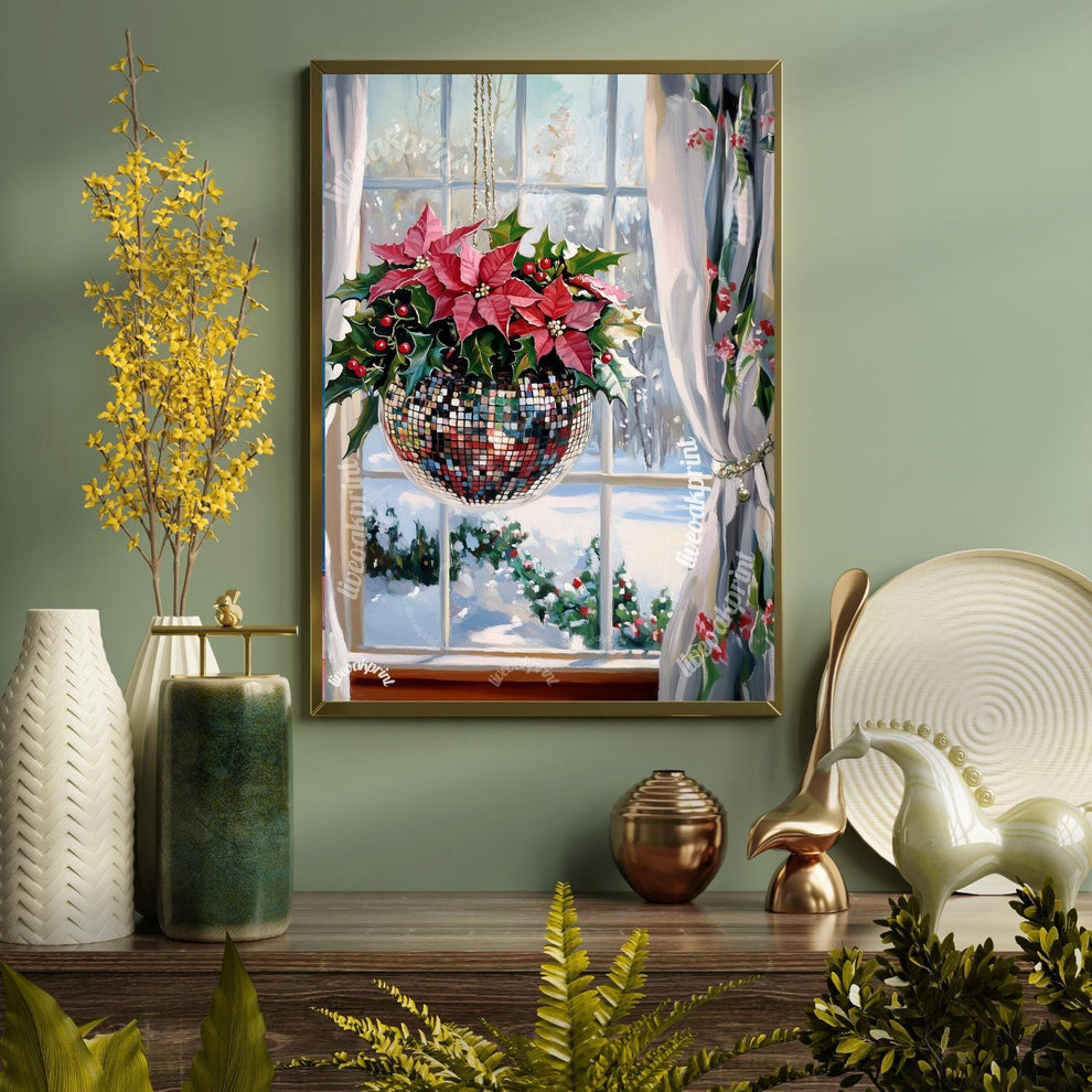 Christmas Disco Ball and Poinsettias - Winter Wall Art - Winter Scene Wall Art - Snow Print - Disco Christmas - Vintage Snow Painting