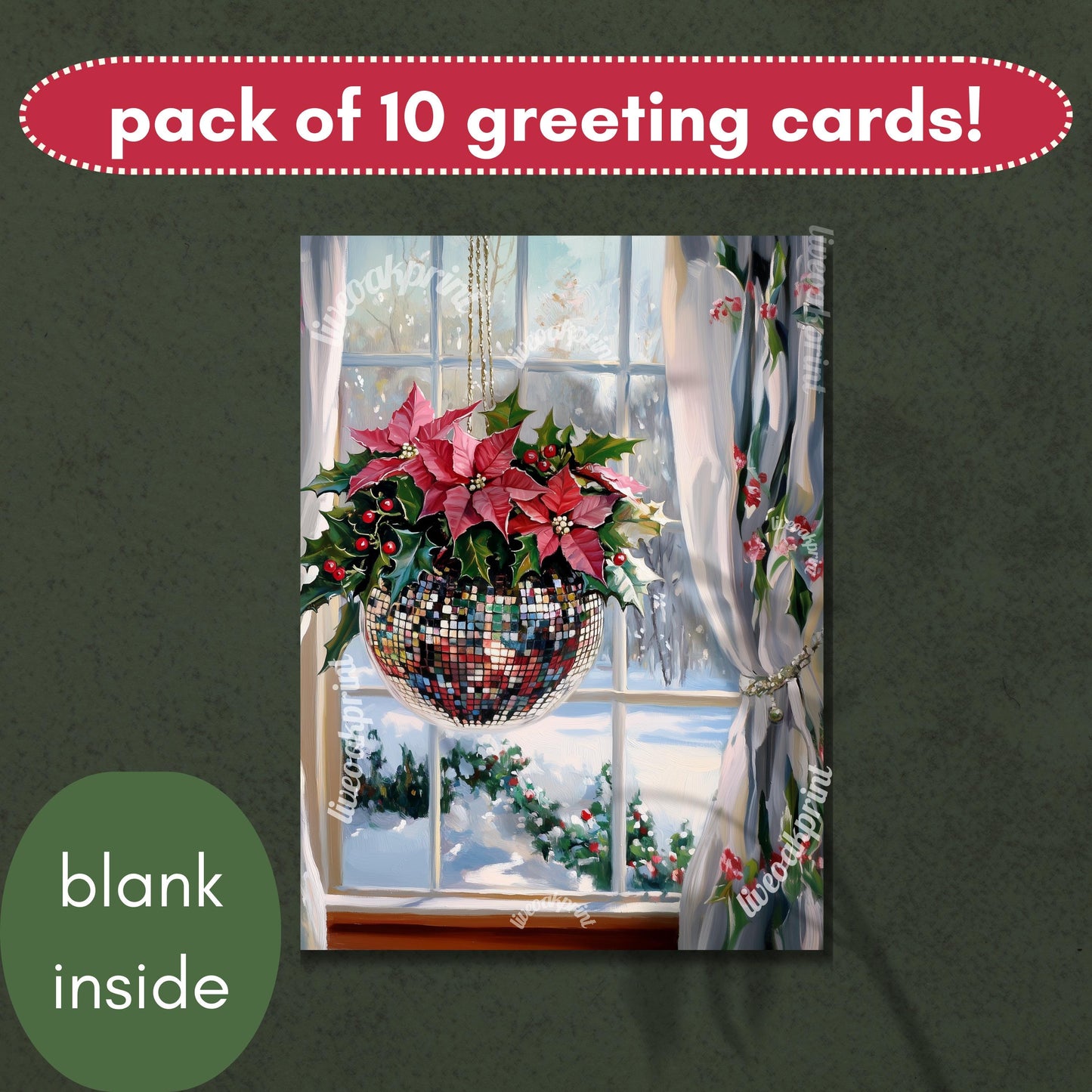 Christmas Disco Ball and Poinsettias – Festive Holiday Greeting Card - Pack of 10 Christmas Greeting Cards