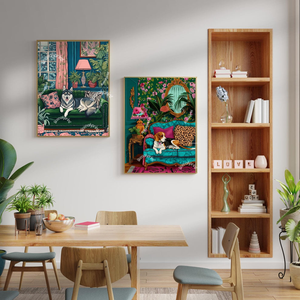 Husky Lounging on a Luxury Sofa – Maximalist Wall Art – Husky Dog Print – Maximalism Dog Art