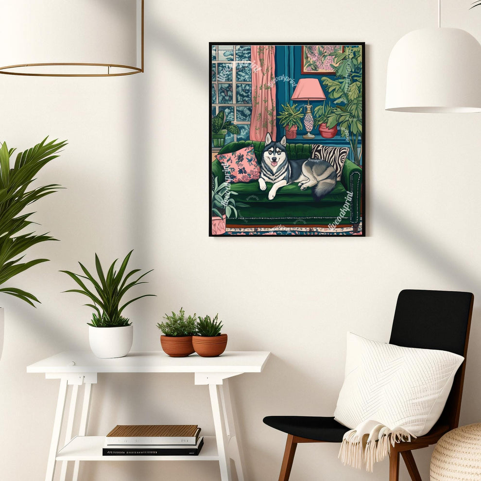 Husky Lounging on a Luxury Sofa – Maximalist Wall Art – Husky Dog Print – Maximalism Dog Art