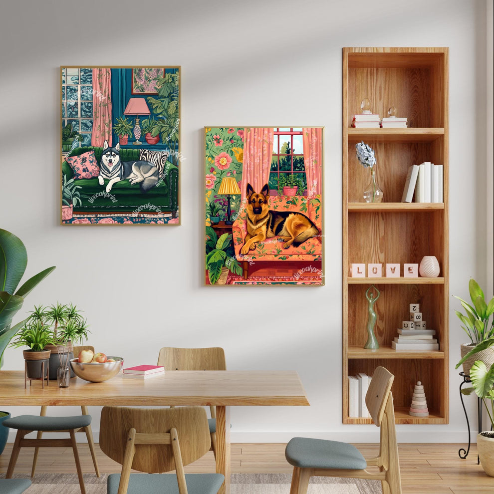 German Shepherd Lounging on a Luxury Sofa – Maximalist Wall Art – German Shepherd Dog Print – Dog Wall Art