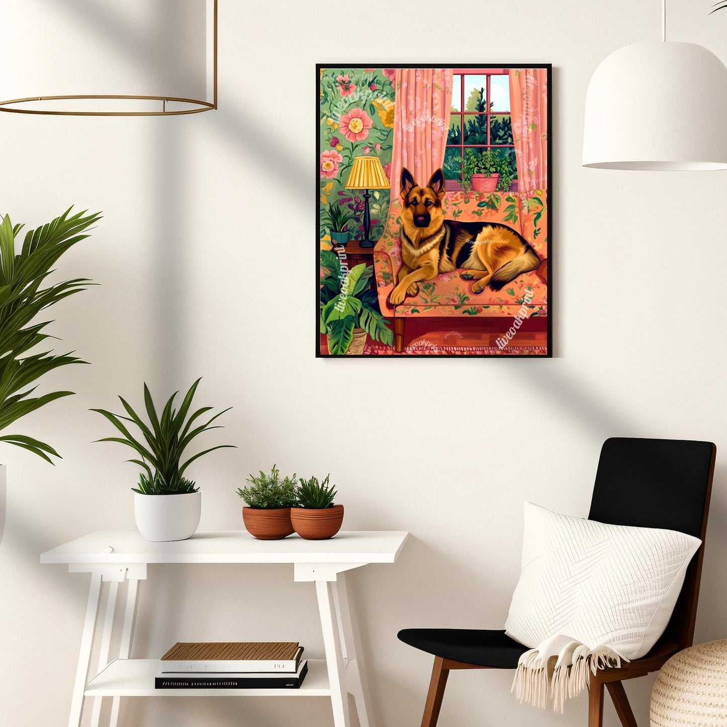 German Shepherd Lounging on a Luxury Sofa – Maximalist Wall Art – German Shepherd Dog Print – Dog Wall Art