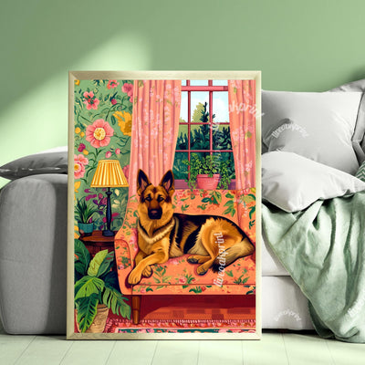 German Shepherd Lounging on a Luxury Sofa – Maximalist Wall Art – German Shepherd Dog Print – Dog Wall Art