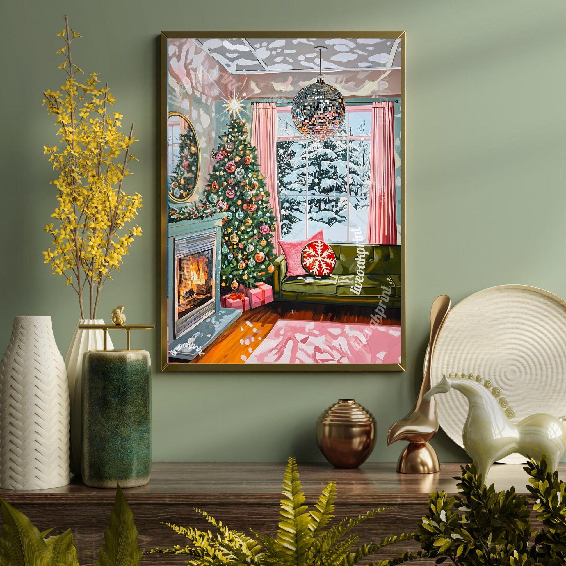 Christmas Disco Living Room Print - Christmas Art - Winter Scene - Cozy Christmas Decor - Hygge Wall Art - Hygge Decor - Vintage Christmas