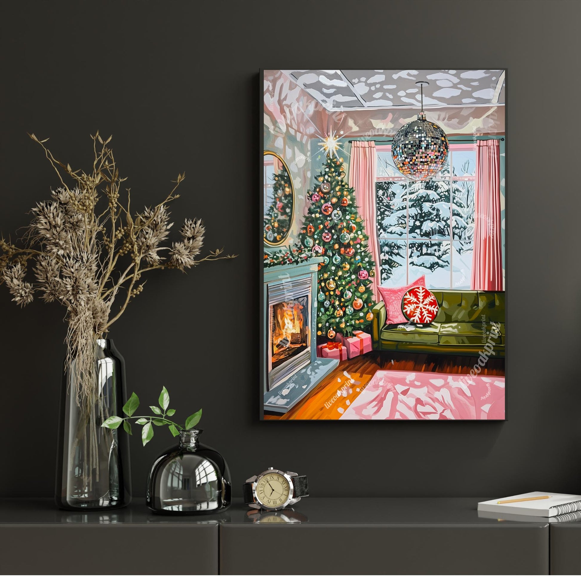 Christmas Disco Living Room Print - Christmas Art - Winter Scene - Cozy Christmas Decor - Hygge Wall Art - Hygge Decor - Vintage Christmas