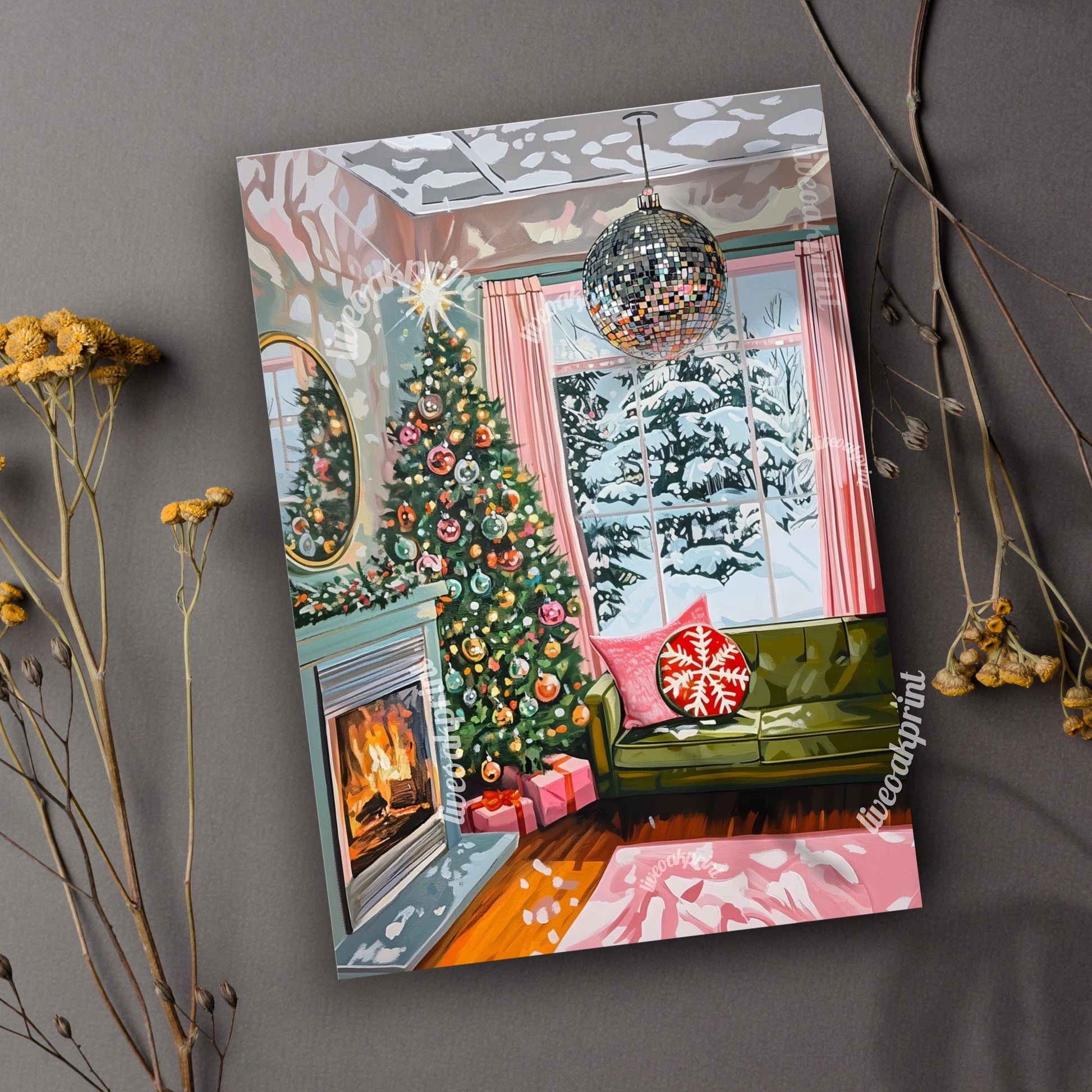 Christmas Disco Living Room Greeting Cards - Hygge Christmas Living Room – Pack of 10 Cozy Vintage Holiday Cards