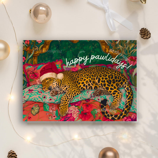 Happy Pawlidays Cards - Sleepy Leopard Christmas Cards - Funky Maximalist Trendy Christmas Cards - Pack of 10 Holiday Cards