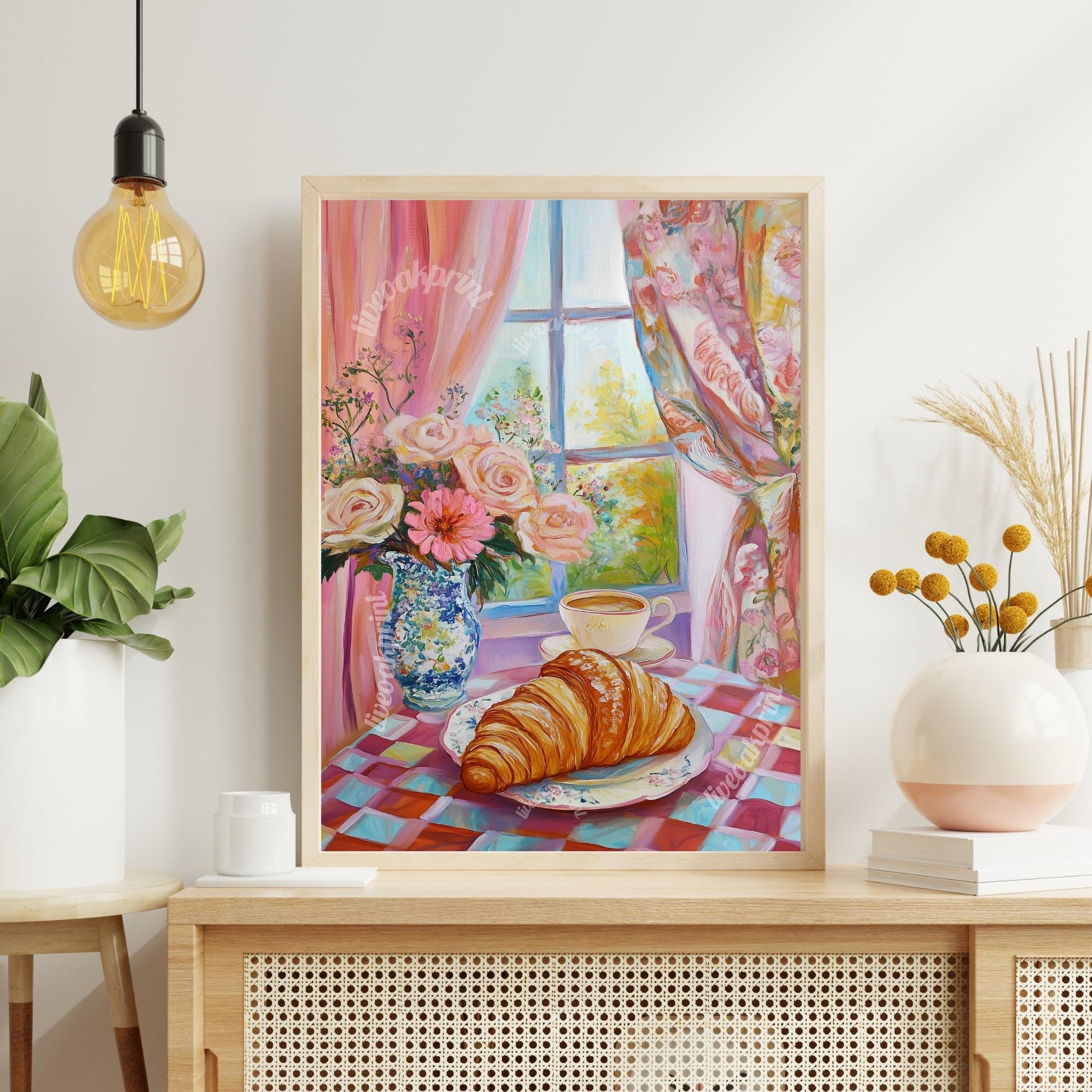 Pink Croissant and Coffee Print - Croissant Poster - Croissant Modern Art Print - Contemporary Kitchen Prints - Croissant French Poster