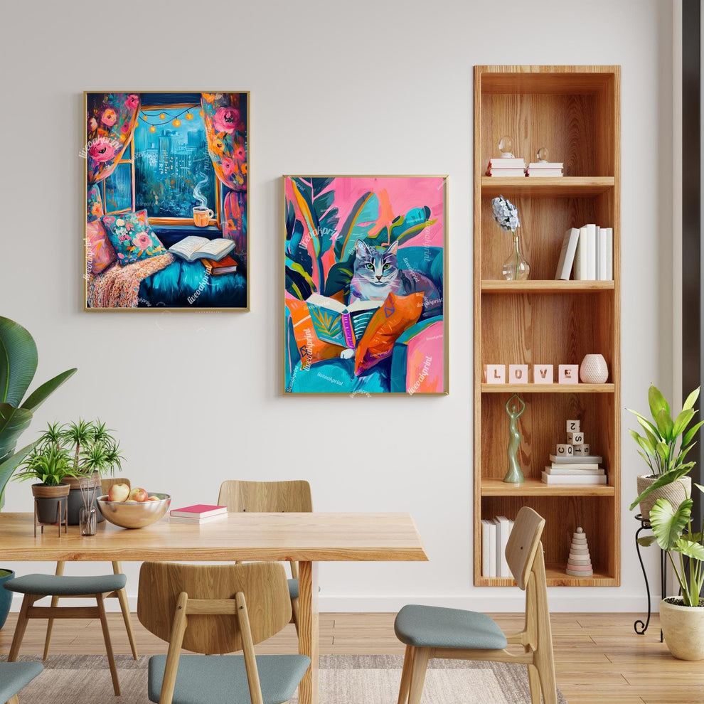 Cozy Raining Reading Window Seat - Cozy Book Print - Cute Reading Art - Blue Reading Proint Bookish Decor - Book Merch - Vintage Book Print