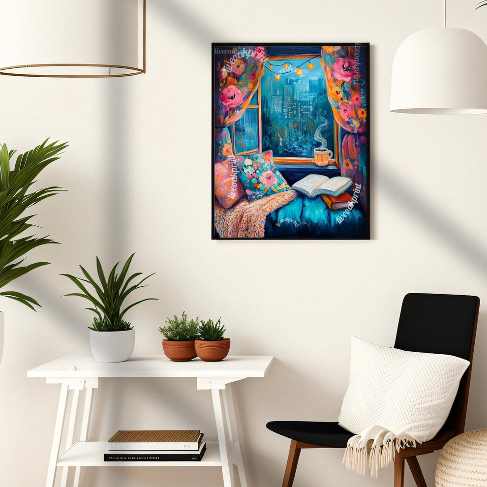 Cozy Raining Reading Window Seat - Cozy Book Print - Cute Reading Art - Blue Reading Proint Bookish Decor - Book Merch - Vintage Book Print