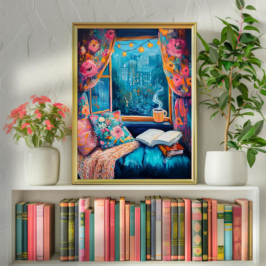 Cozy Raining Reading Window Seat - Cozy Book Print - Cute Reading Art - Blue Reading Proint Bookish Decor - Book Merch - Vintage Book Print