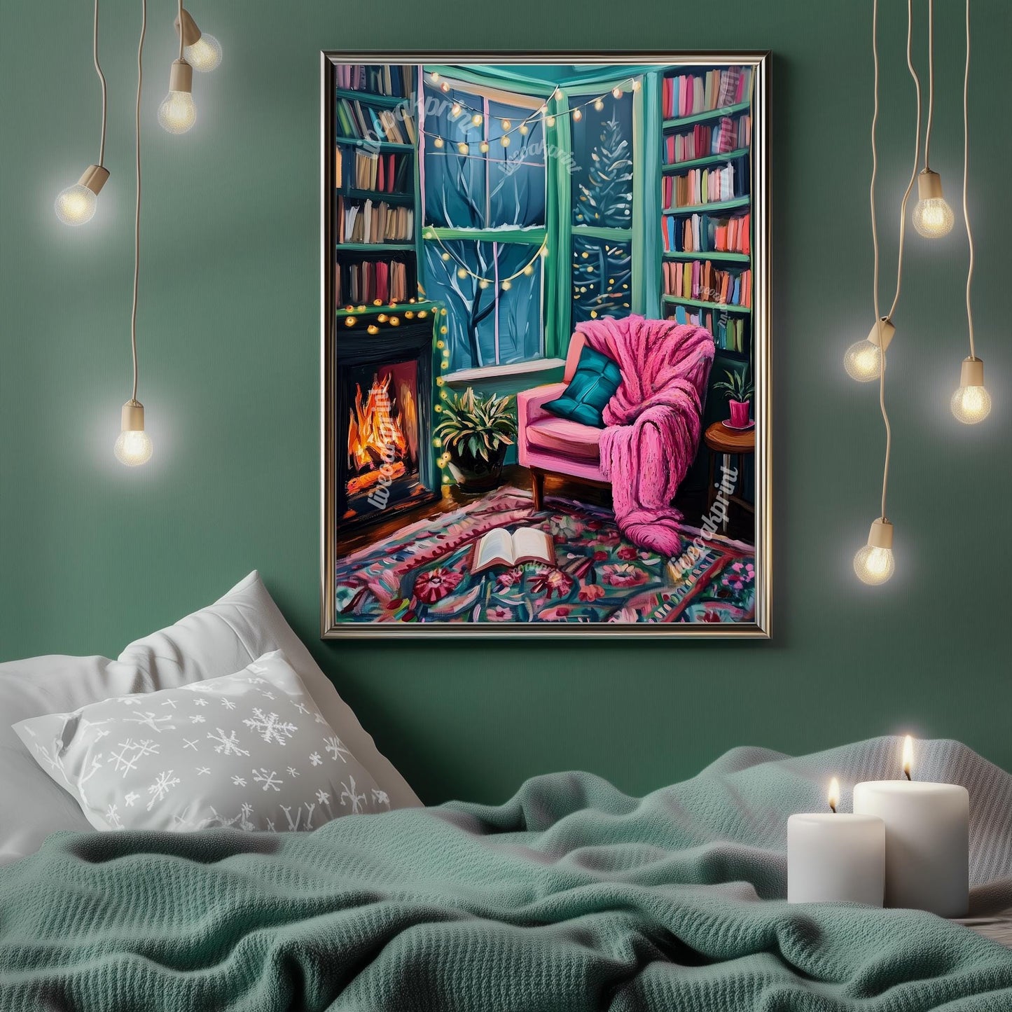 Reading by the Fire In Winter - Cozy Book Print - Winter Art - Fireplace Print - Bookish Decor - Book Merch - Christmas Winter Book Print