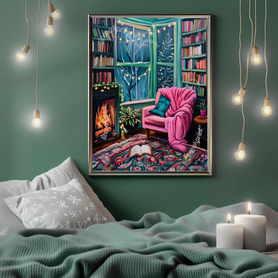 Reading by the Fire In Winter - Cozy Book Print - Winter Art - Fireplace Print - Bookish Decor - Book Merch - Christmas Winter Book Print