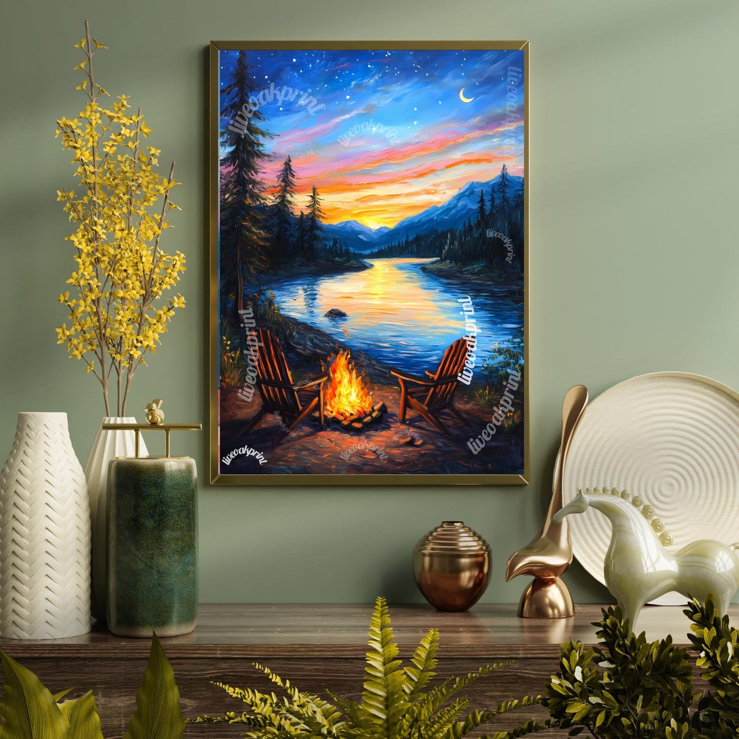 Camping By The River - Camping Print - Boho Wall Art - Nature Wall Art - Forest Decor - Outdoorsy Decor - Moon Print - Gift For Camper