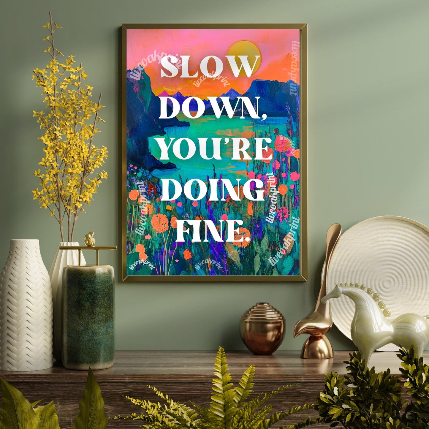 Slow Down You're Doing Fine print - Anti Anxiety Wall Art - 1970s Retro Inspired Beach Interior Print - Eclectic Decor - Maximalist Art