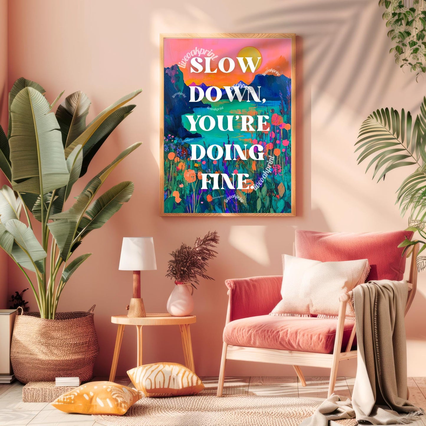 Slow Down You're Doing Fine print - Anti Anxiety Wall Art - 1970s Retro Inspired Beach Interior Print - Eclectic Decor - Maximalist Art