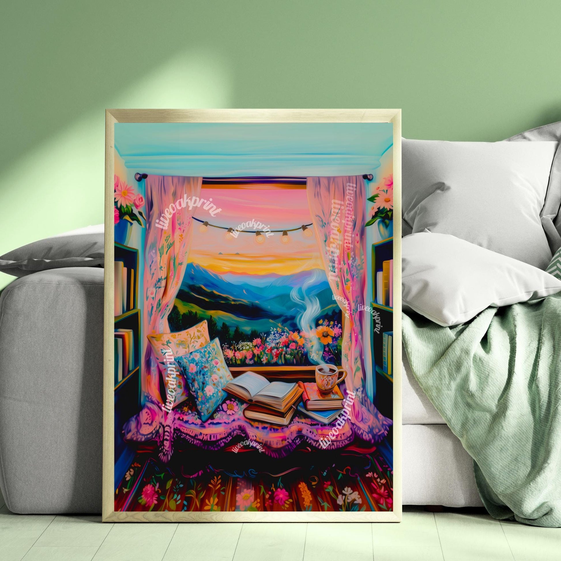 Dreamy Reading Nook Print - Reading Print - Bookish Print - Reading Nook Decor - Funky Book Print - Artsy Reading Decor - Fantasy Decor