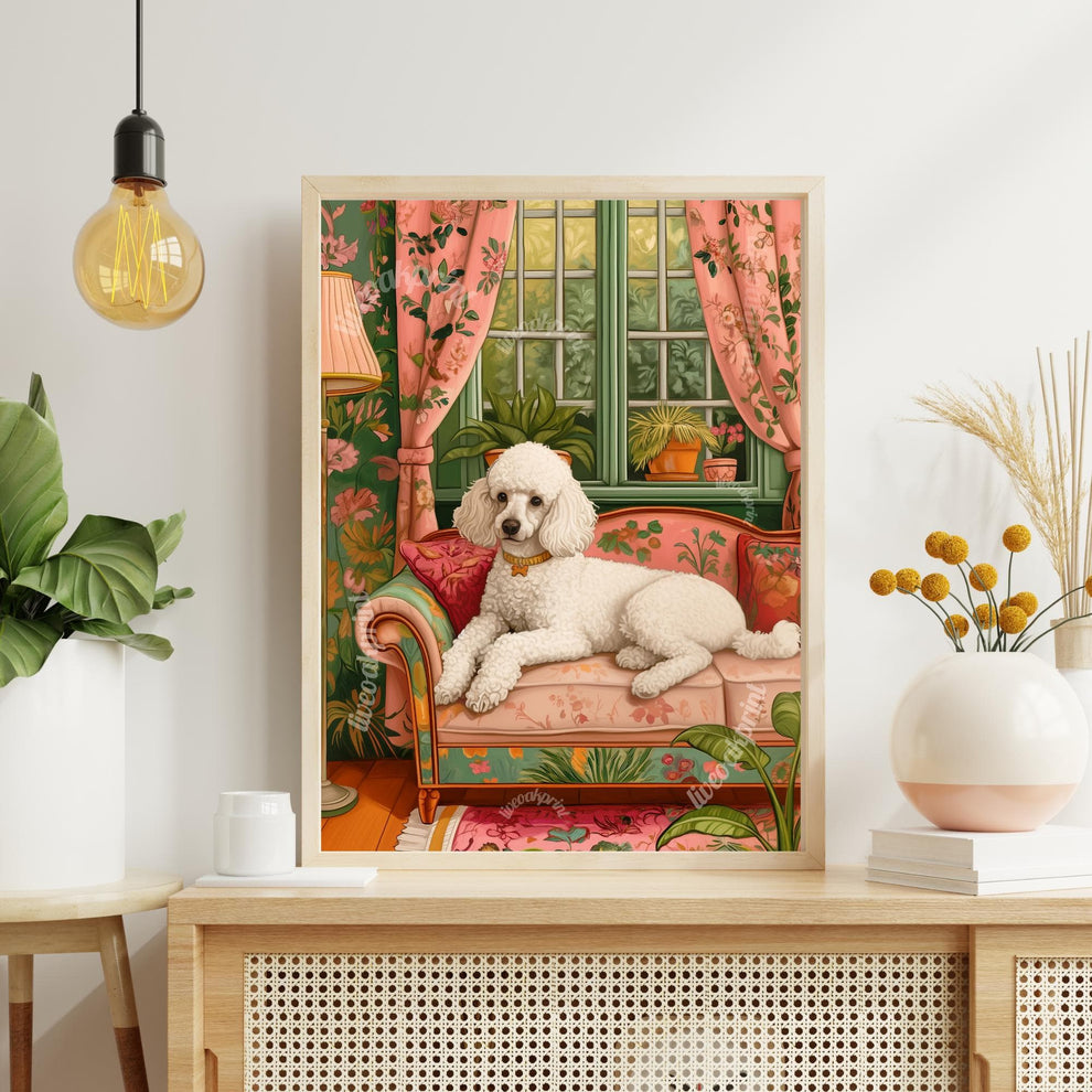 Poodle Lounging on a Luxury Sofa – Maximalist Wall Art – Poodle Dog Print – Dog Wall Art