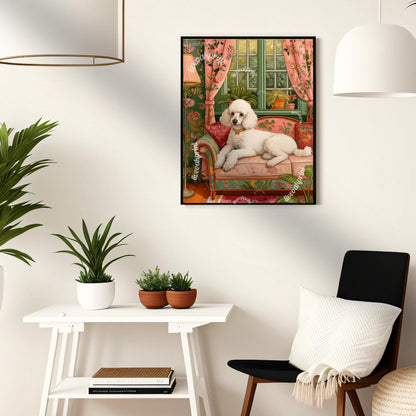 Poodle Lounging on a Luxury Sofa – Maximalist Wall Art – Poodle Dog Print – Dog Wall Art