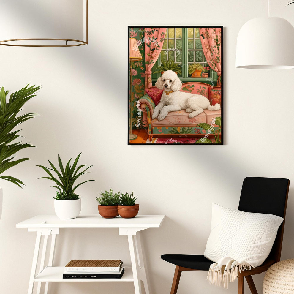 Poodle Lounging on a Luxury Sofa – Maximalist Wall Art – Poodle Dog Print – Dog Wall Art