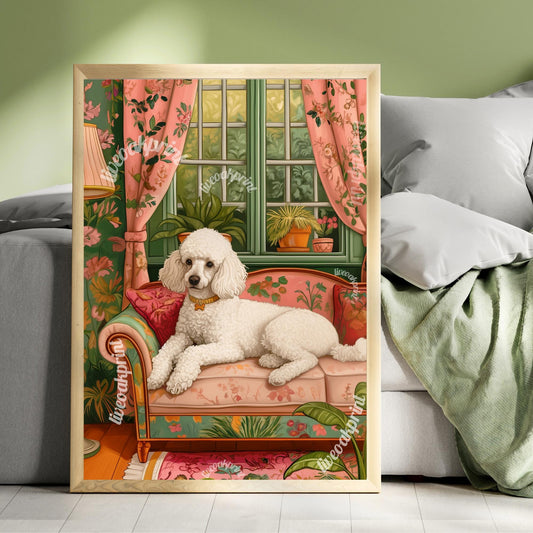 Poodle Lounging on a Luxury Sofa – Maximalist Wall Art – Poodle Dog Print – Dog Wall Art - Unique Poodle Gift - Boho Vintage Poodle Print