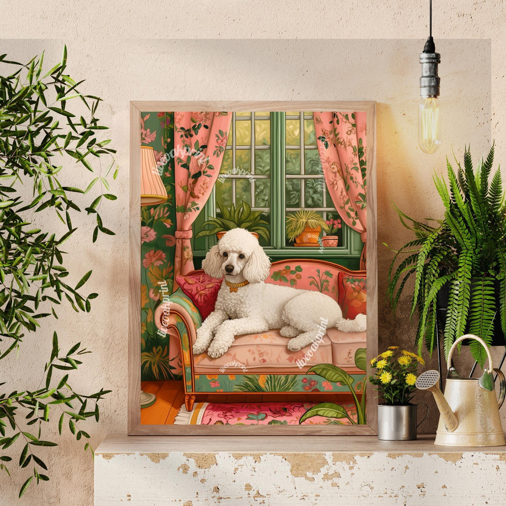 Poodle Lounging on a Luxury Sofa – Maximalist Wall Art – Poodle Dog Print – Dog Wall Art