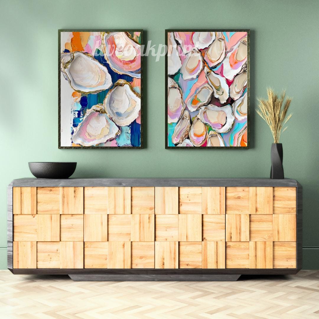 Oyster Prints - Set of 2 | Funky Coastal Oyster Art Print – Modern Boho Decor – Eclectic Beach House Wall Art - Oyster Art Colorful Kitchen