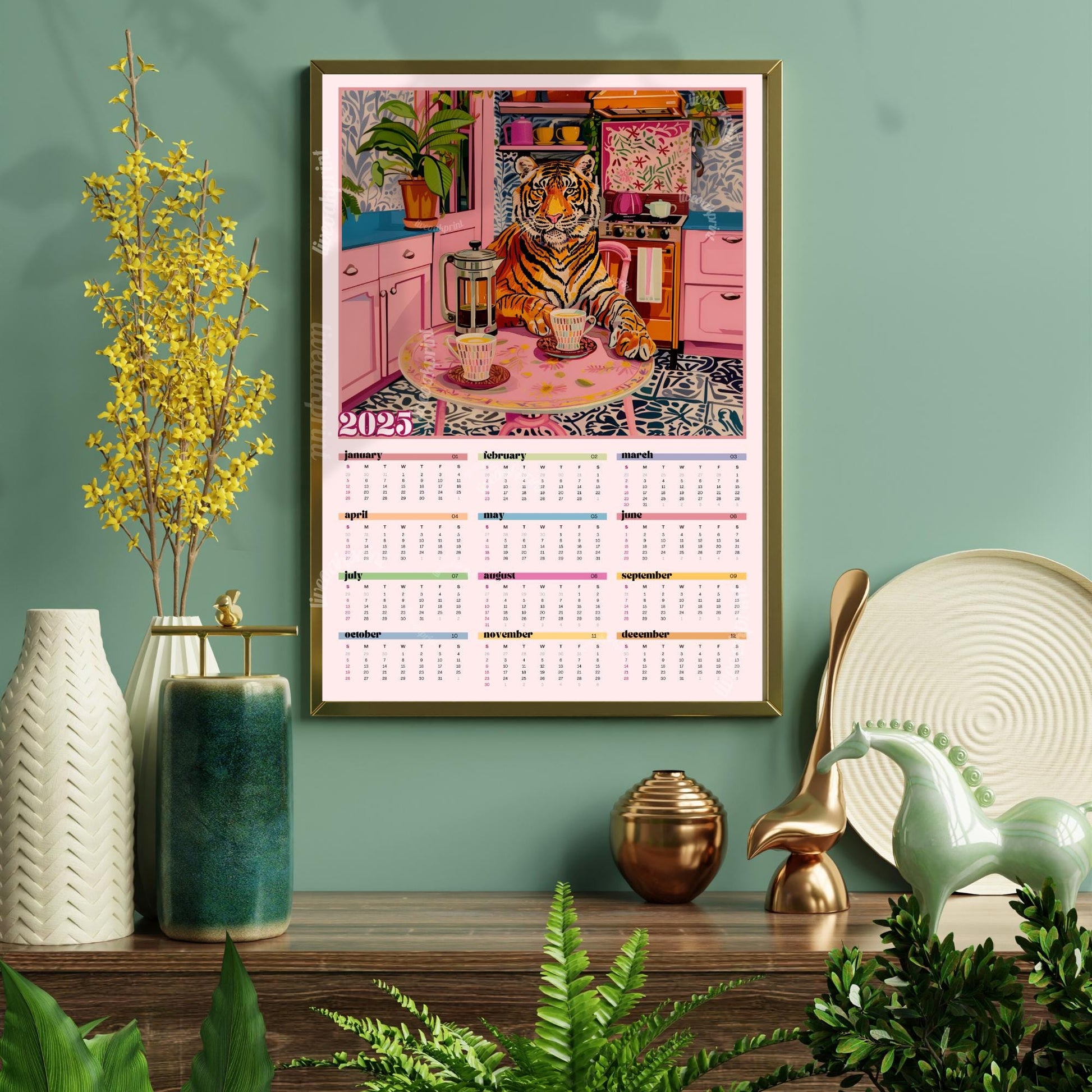 2025 Wall Calendar - 2025 Tiger Calendar - 2025 Animal Calendar - Colorful Kitchen Calendar - Tiger Gifts - Year at a Glance Calendar