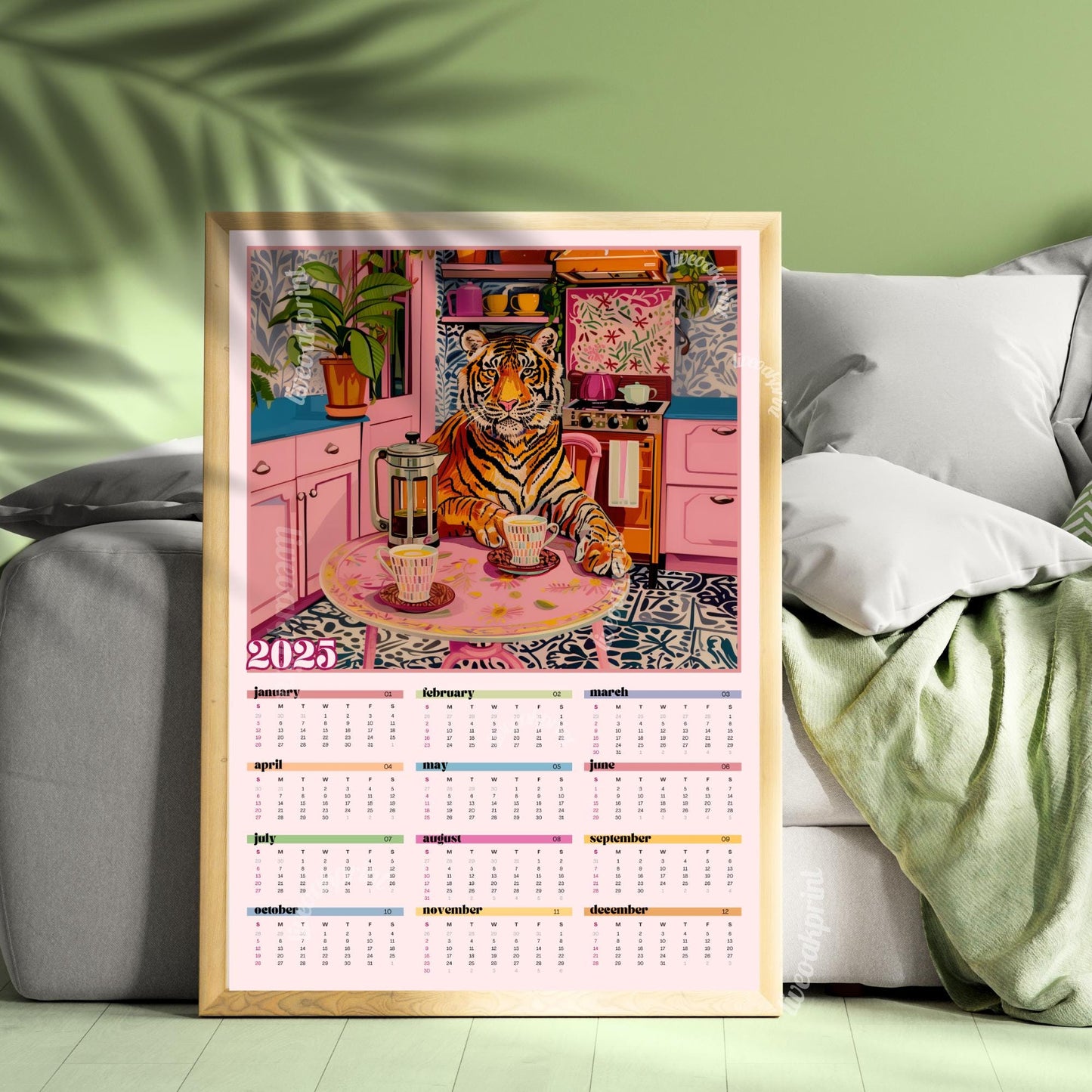 2025 Wall Calendar - 2025 Tiger Calendar - 2025 Animal Calendar - Colorful Kitchen Calendar - Tiger Gifts - Year at a Glance Calendar