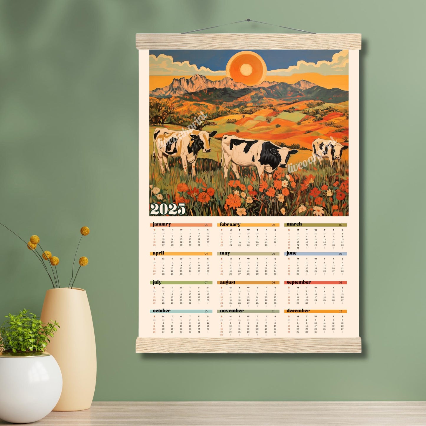 2025 Wall Calendar Cows - 2025 Art Calendar - 2025 One Page Calendar - Colorful Kitchen Calendar - Cow Gifts - Year at a Glance Calendar