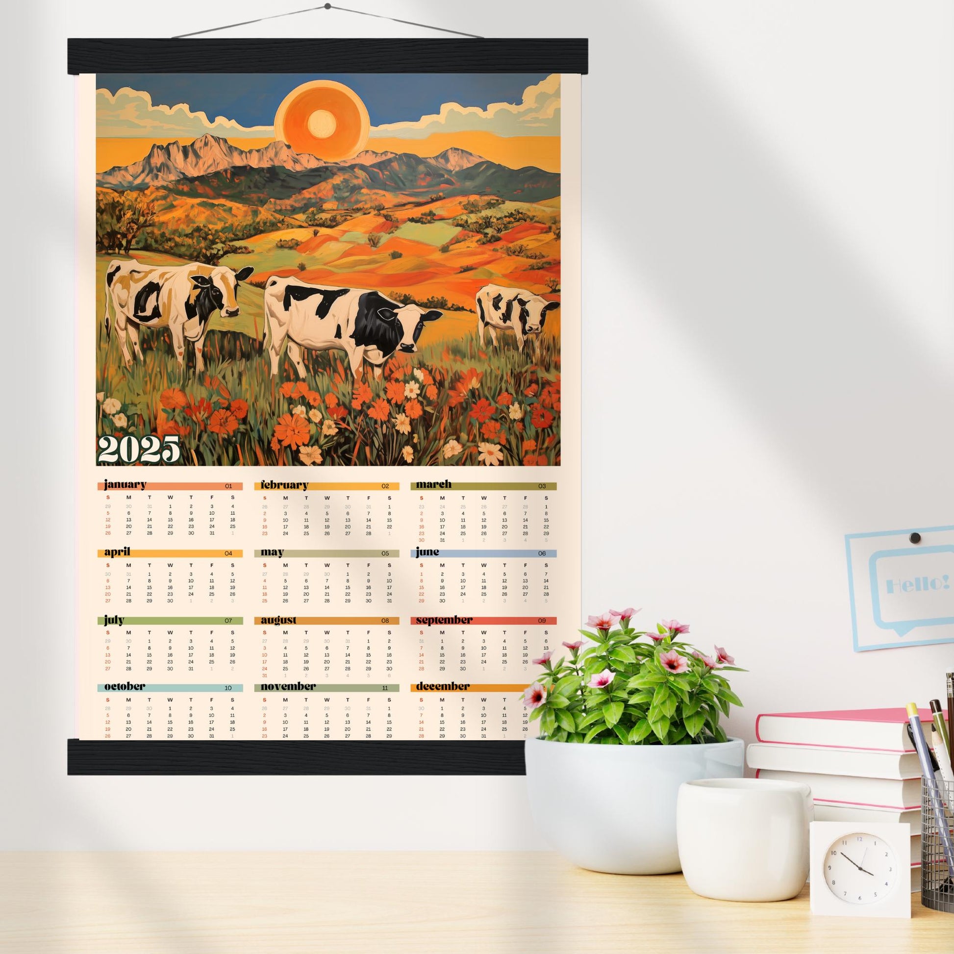 2025 Wall Calendar Cows - 2025 Art Calendar - 2025 One Page Calendar - Colorful Kitchen Calendar - Cow Gifts - Year at a Glance Calendar