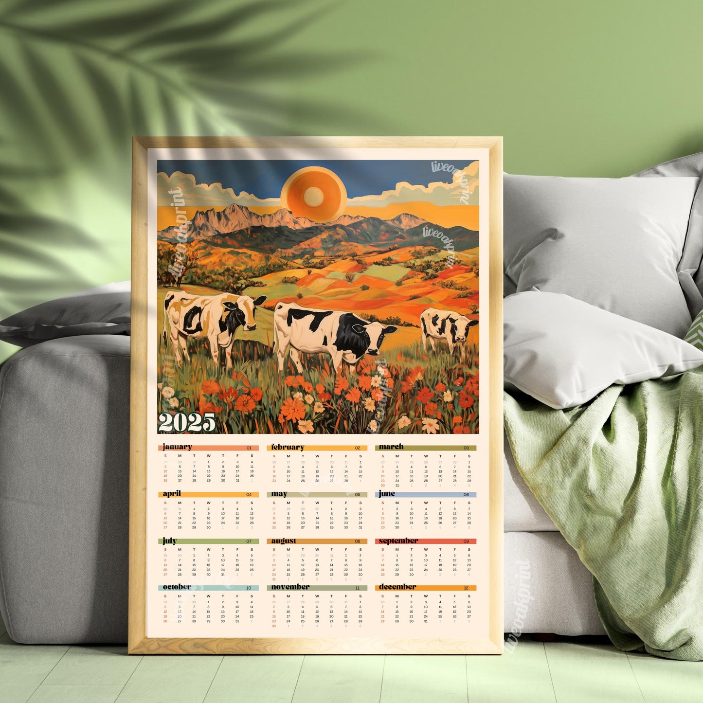 2025 Wall Calendar Cows - 2025 Art Calendar - 2025 One Page Calendar - Colorful Kitchen Calendar - Cow Gifts - Year at a Glance Calendar