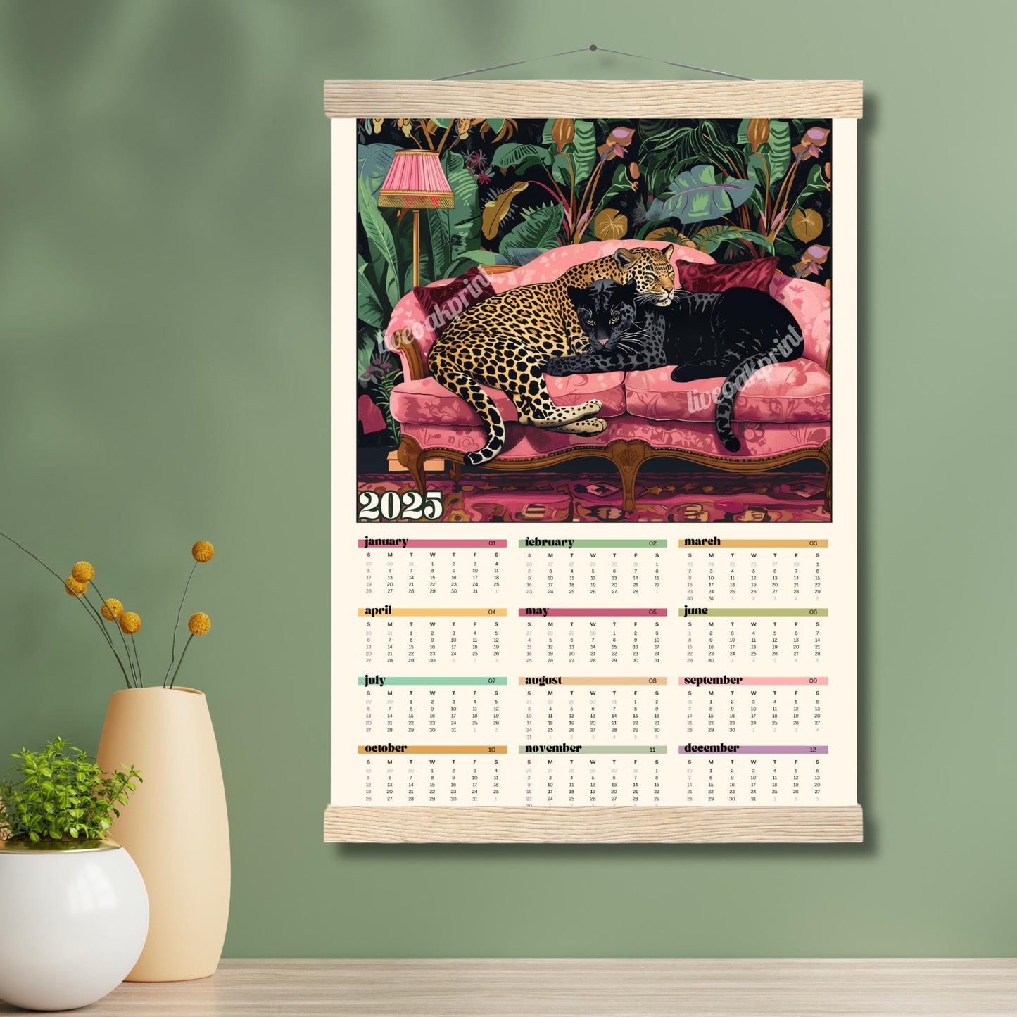 2025 Wall Calendar - 2025 Leopard Calendar - 2025 Animal Calendar - Colorful Kitchen Calendar - Leopard Gifts - Year at a Glance Calendar