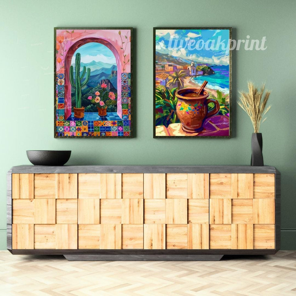 Set of Two Mexican Art Prints | Mexican Cactus & Cafe de Olla Prints | Latin American Wall Decor