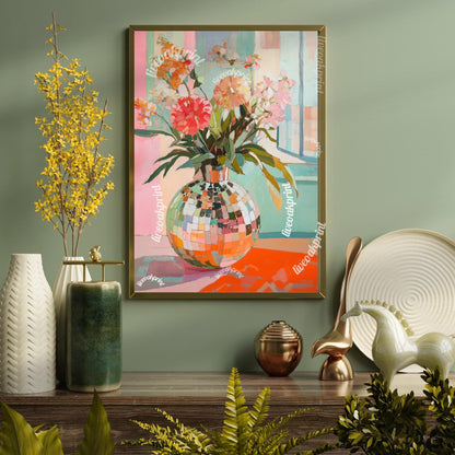 Sage Green and Pink Impressionist Disco Flowers