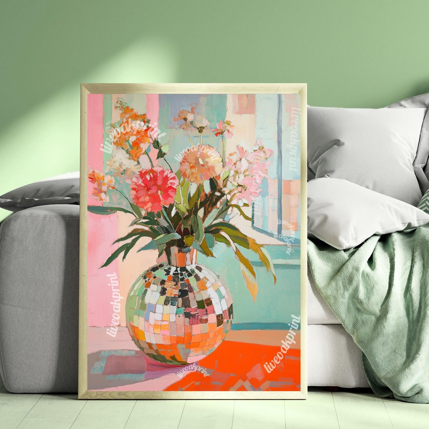 Sage Green and Pink Impressionist Disco Flowers - Disco Ball Wall Art - Disco Ball Decor - Trendy Wall Art - Funky Wall Decor - Boho Decor