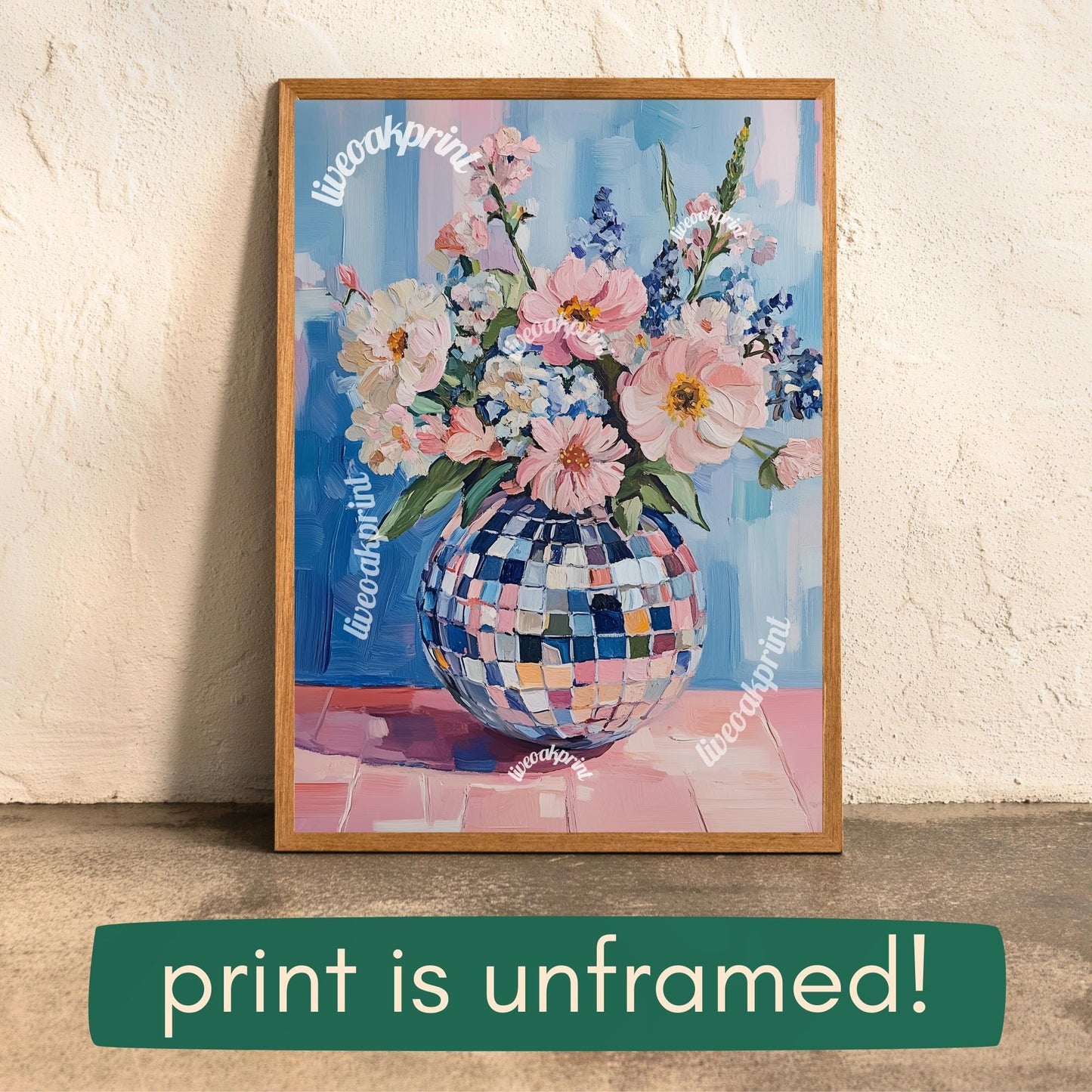 Retro Disco Ball Floral Art – Blue and Pink Boho Wall Decor – Funky Trendy Art for Eclectic Spaces
