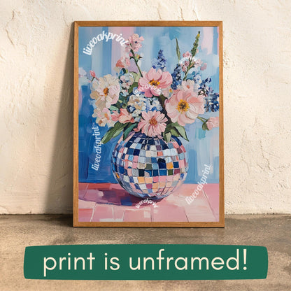 Retro Disco Ball Floral Art – Blue and Pink Boho Wall Decor – Funky Trendy Art for Eclectic Spaces