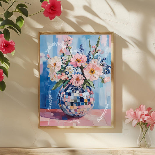 Retro Disco Ball Floral Art – Blue and Pink Boho Wall Decor – Funky Trendy Art for Eclectic Spaces