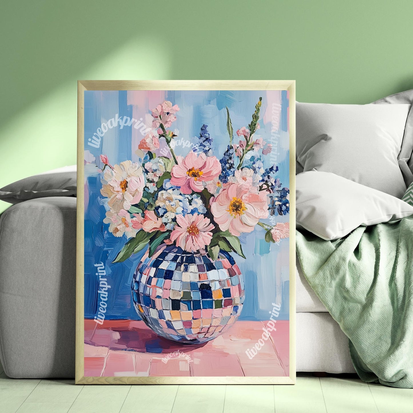 Retro Disco Ball Floral Art – Blue and Pink Boho Wall Decor – Funky Trendy Art for Eclectic Spaces - Modern Impressionist Wall Art