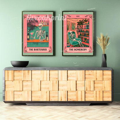 The Homebody Tarot and The Bartender Tarot - Tarot Art Prints - Skeleton Wall Art - Boho Living Room Wall Decor - Dark Academia Wall Art