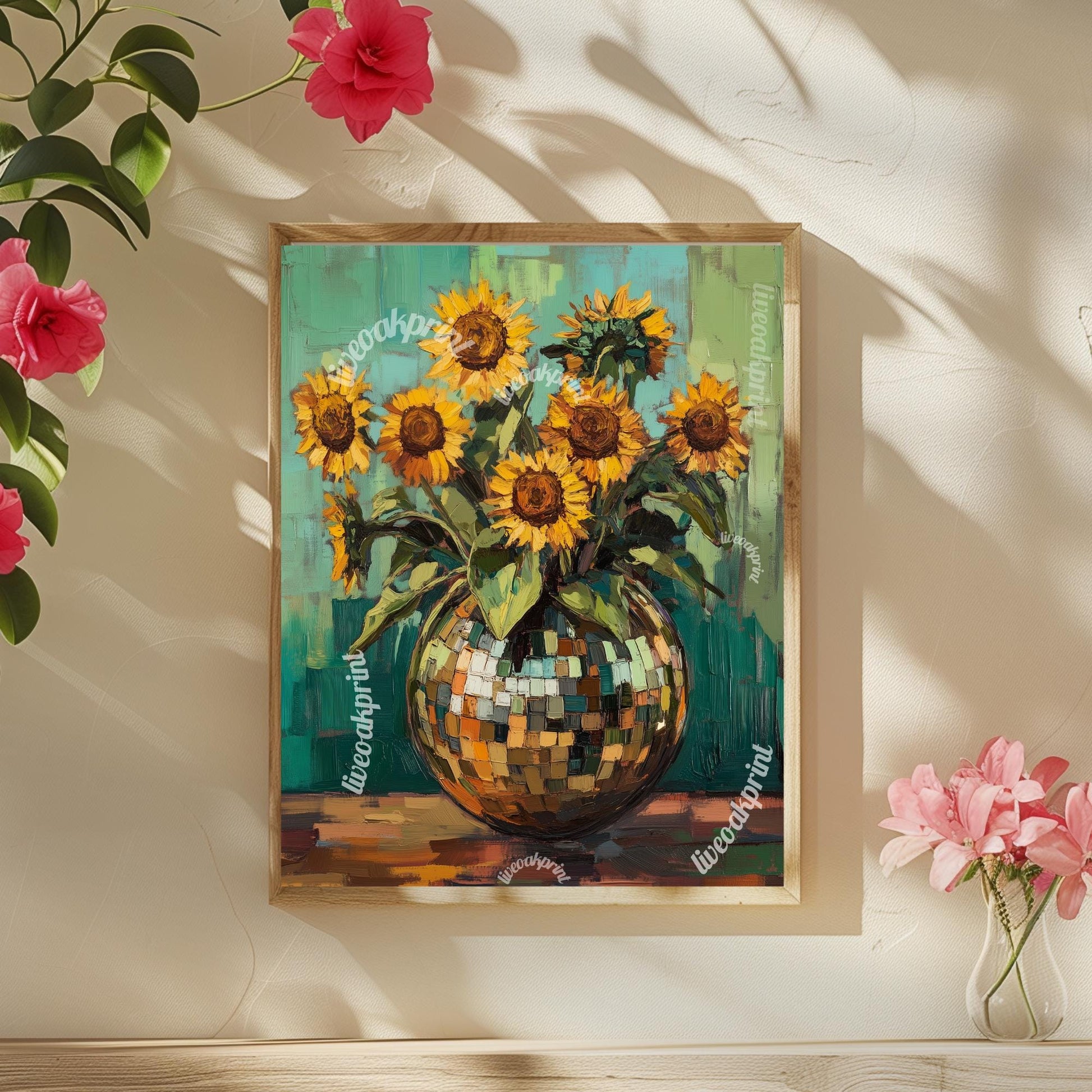 Green Impressionist Sunflowers in a Disco Vase - Disco Ball Wall Art - Disco Ball Decor - Trendy Wall Art - Funky Wall Decor - Boho Decor